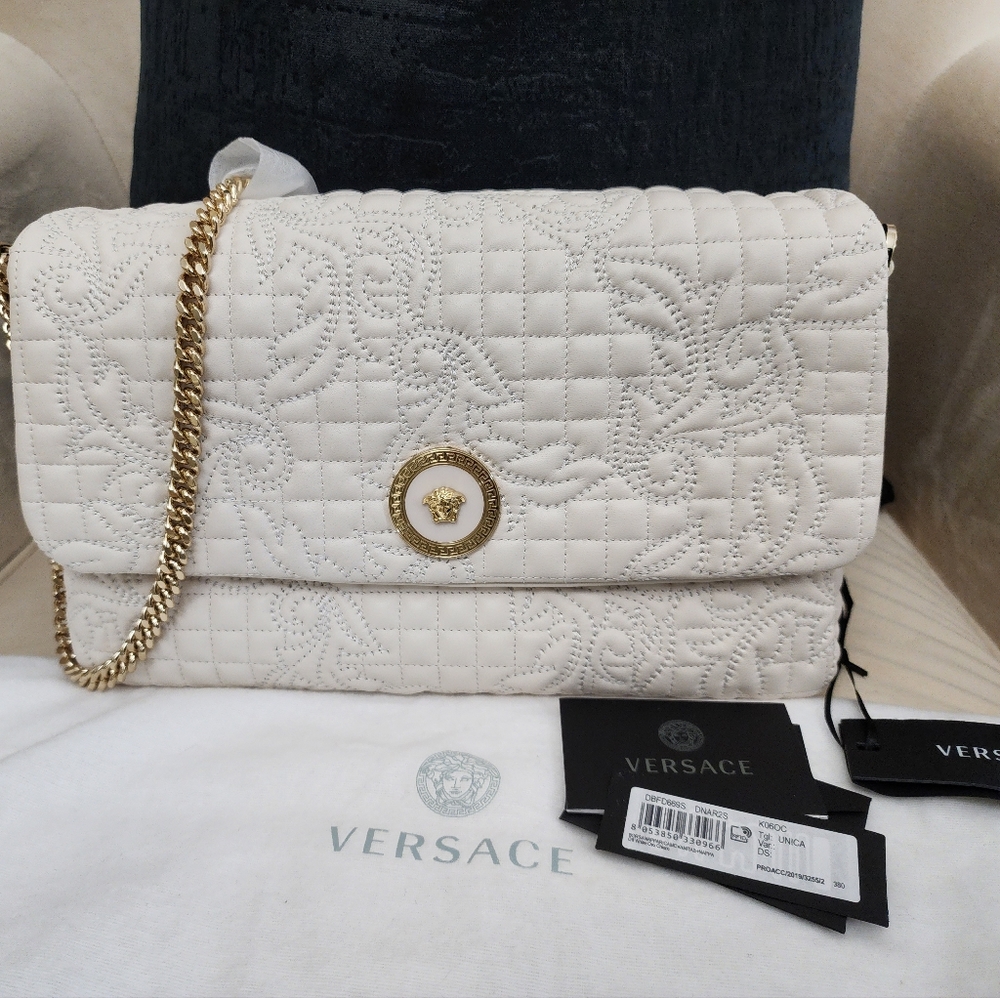 Versace Napa Vanitas White Leather Bag. Versace large bag.